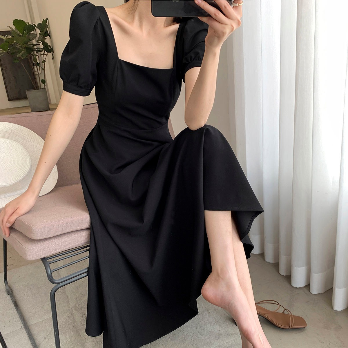 High quality Korean style Dress casual Square Neck Derss