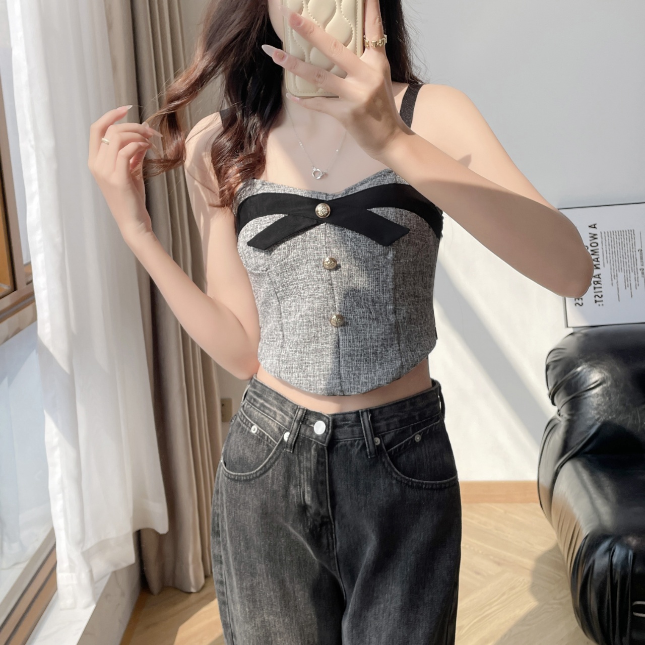 Small fragrant style bow short camisole to wear irregular fishbone tube top#2215 - Image 3