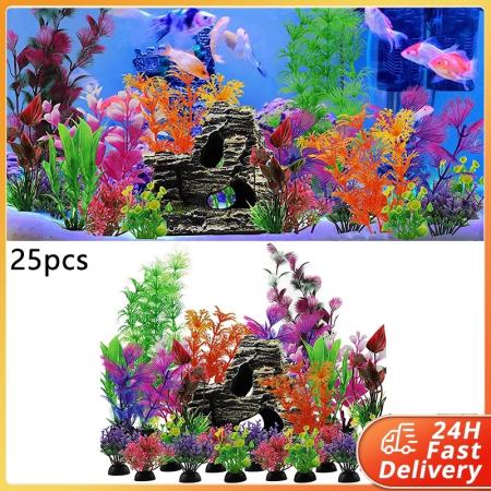 25pcs Green Aquarium Plants & Rock Cave Ornament Decoration