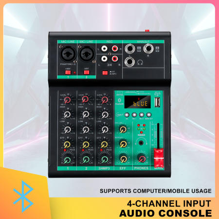 4-Channel Bluetooth Audio Mixer with Phantom Power for DJ