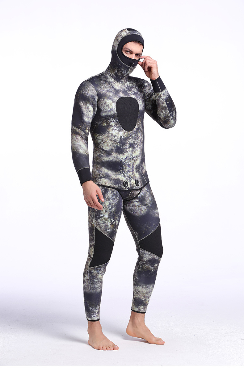 Mens 5MM Neoprene Wetsuit Camouflage 2-piece Hooded Swimming Diving Suit  Warm Fishing Camo Winter Keep Warm Hunting Suit
