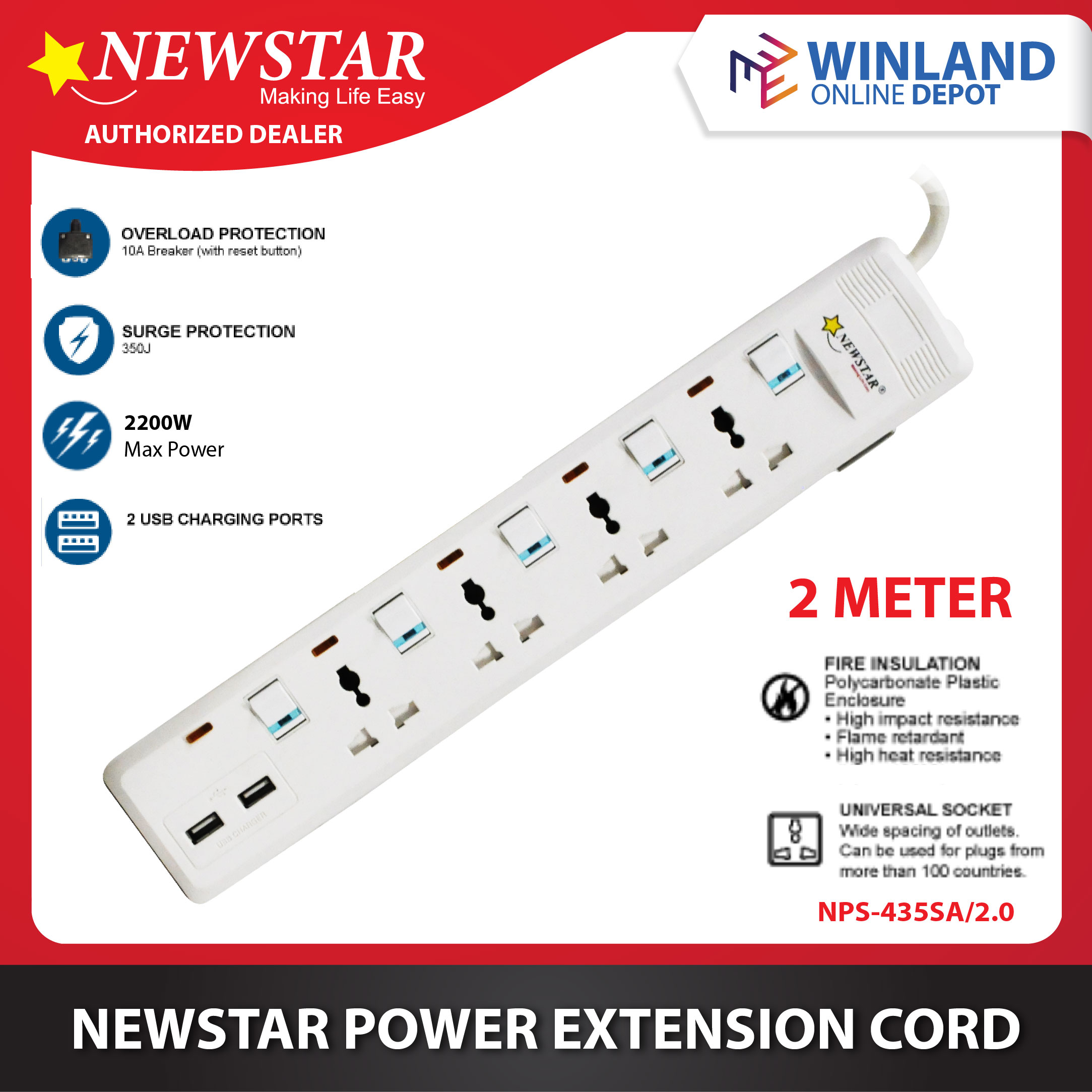 ROYU by Winland Power Extension Cord Overload and Surge Protected Outlets  w/ One Master Switch White meters 2500W REDEC604 Lazada PH