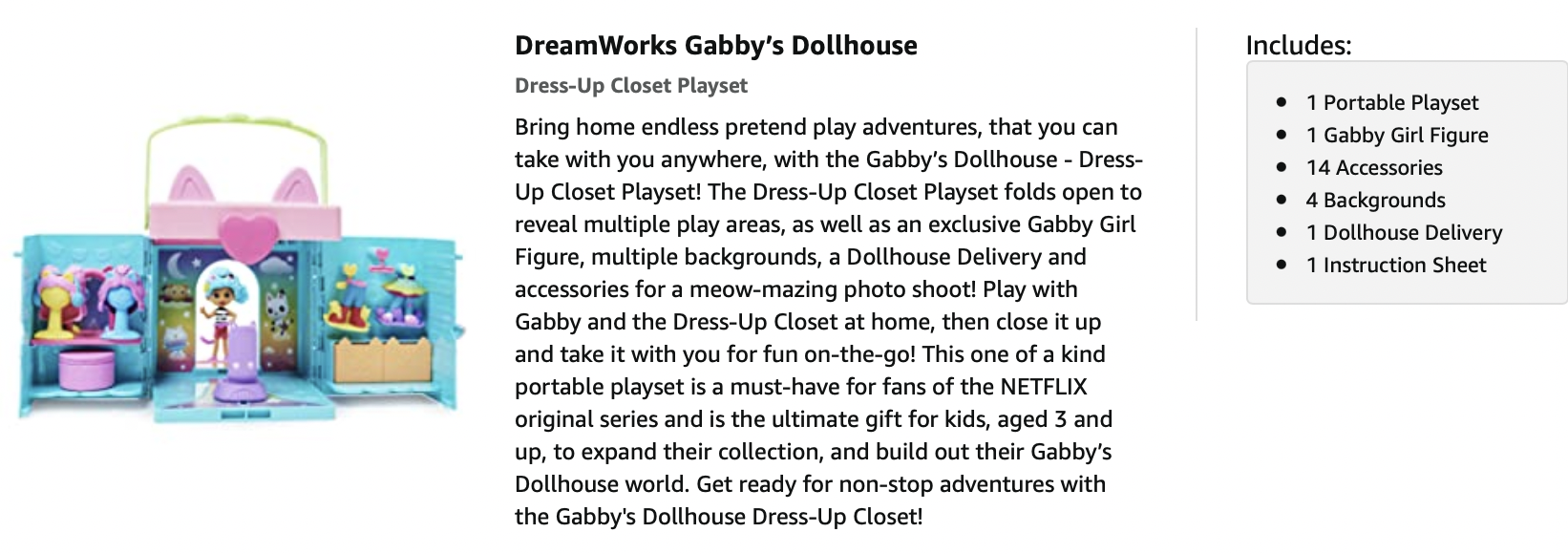 Gabby's Dollhouse, Dress-Up Closet Portable Playset with a Gabby