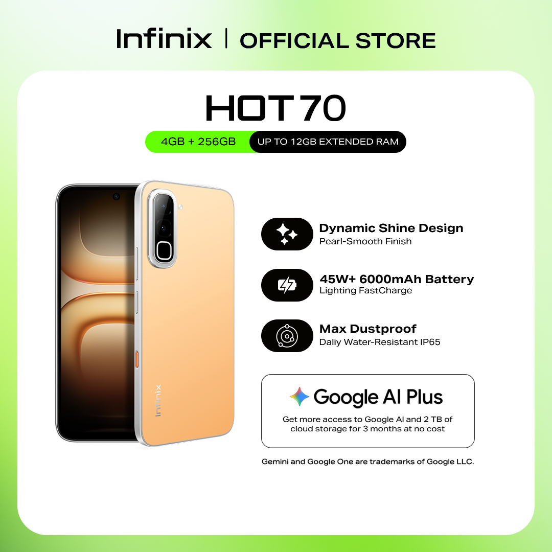 「NEW Arrival」- Infinix HOT 70, (up to 12GB [4GB + 256GB] Dynamic Shine Design with Baby-Smooth Finish / 45W+ 6000 mAh Battery + Lighting Fast Charge / Dust, Water & Drop Proof IP65 SG5G Certified (1 year local warranty) Smart Phone