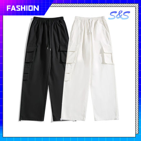 SS Cargo Pants for Men - Korean Fashion, Black/White, 6 Pocket