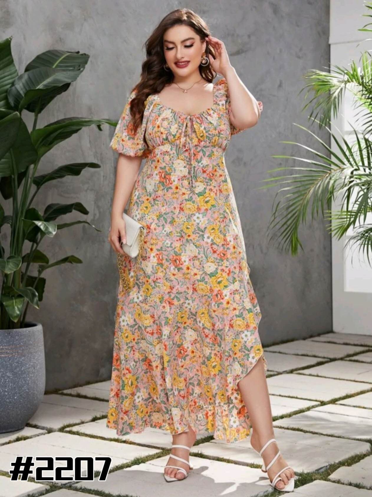 Plus Size Elegant Summer Floral Print Style Belted Front V-Neck