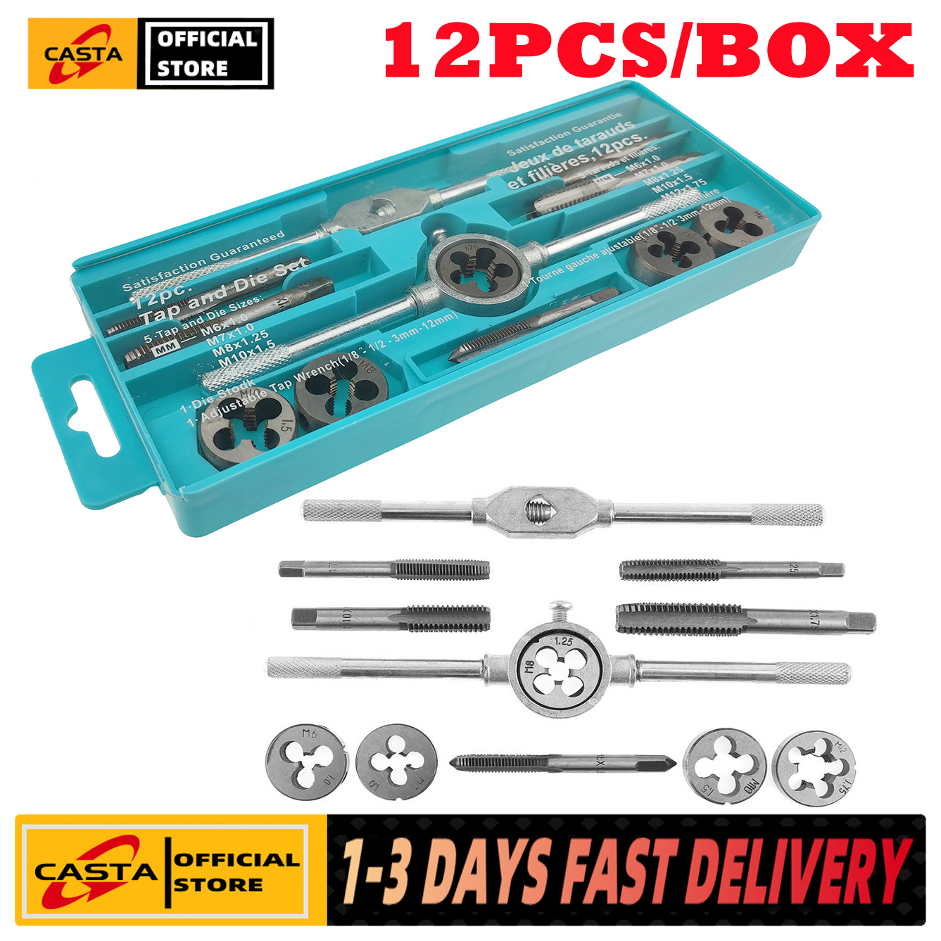 【COD + local seller】12pcs Metric Tap Dies Set NC Screw Thread Plugs Taps Carbon Steel Hand Screw Taps Hand Tools to Cut, Chase and Thread with Wrench Accessories in a Tray Case