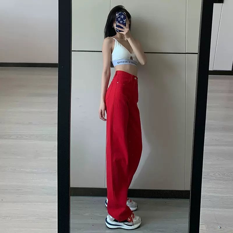 Red Baggy Jeans Women Korean Style Basic Wide Leg Denim High Waist