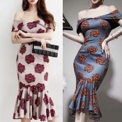 S481 Urban Sister Turn-over Off Shoulder Floral Mermaid Dress