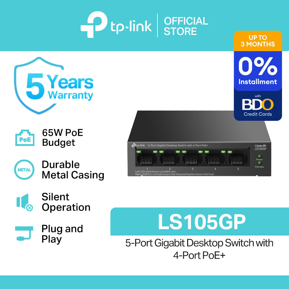 TP-Link Official Store / LS105GP / 10/100/1000Mbps 5-Port Gigabit with 4-Port PoE+ Desktop Network Ethernet Switch Hub for Internet