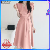 ZANZEA V Neck Belted Midi Dress - Party Gown