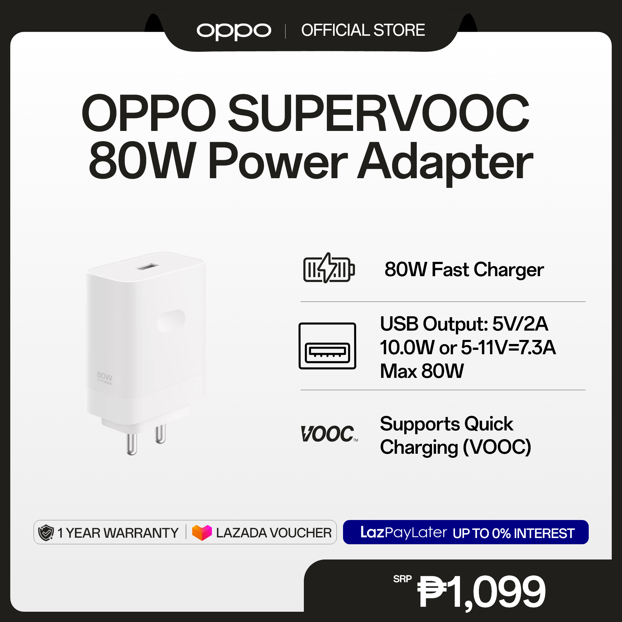 [NEW] OPPO SUPERVOOC 80W Power Adapter / USB Output 5V=2A / Flash Charging Technology