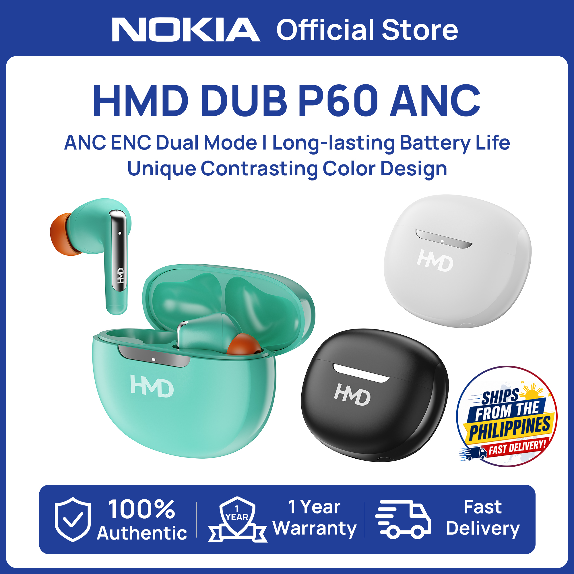 【New】Official HMD DUB P60 ANC+ENC TWS EARBUDS for Android/iOS Long-lasting Battery Life Low Latency 1 year warranty makers of Nokia
