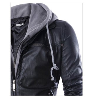 Men Hooded Slim Fake Two-pieces PU Leather Motorcycle Jackets -intl June 2018 - 3 Men Hooded Slim Fake Two-pieces PU Leather Motorcycle Jackets -intl - 3