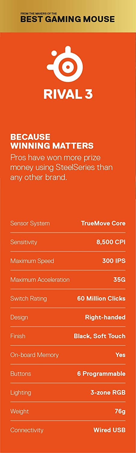 SteelSeries Rival 3 Gaming Mouse - 8,500 CPI TrueMove Core Optical Sensor - 6 Programmable Buttons - Split Trigger Buttons - Brilliant Prism RGB Lighting (62513)