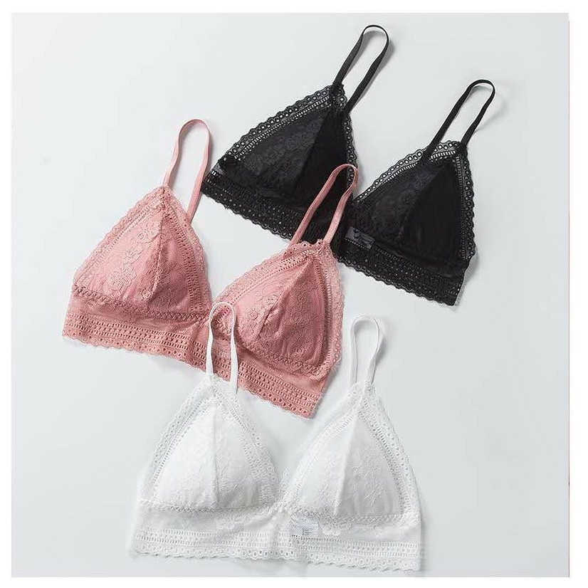 Women Floral Lace Triangle Cup Breathable Bralette Wireless Simple Lace V-neck Padded Top Bra