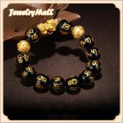 18k Gold Obsidian Gold Pixiu Bracelet - Fortune Luck Charm