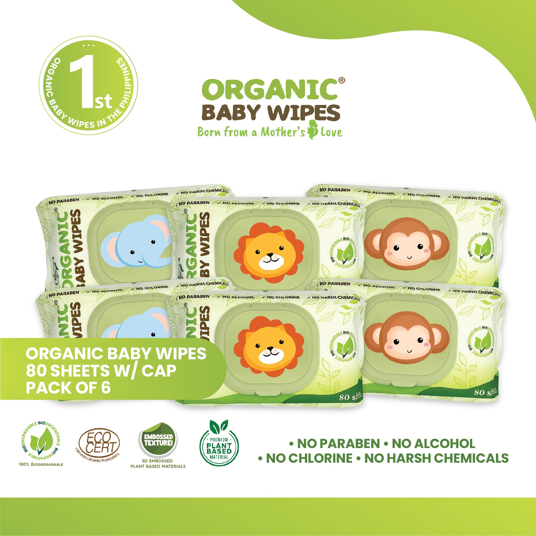 ORGANIC BABY WIPES 80's with CAP pack of 6 Nature