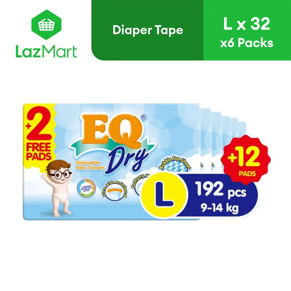 EQ Dry Large (9-14 kg) 48 pcs x packs (192 pcs) Tape Diapers