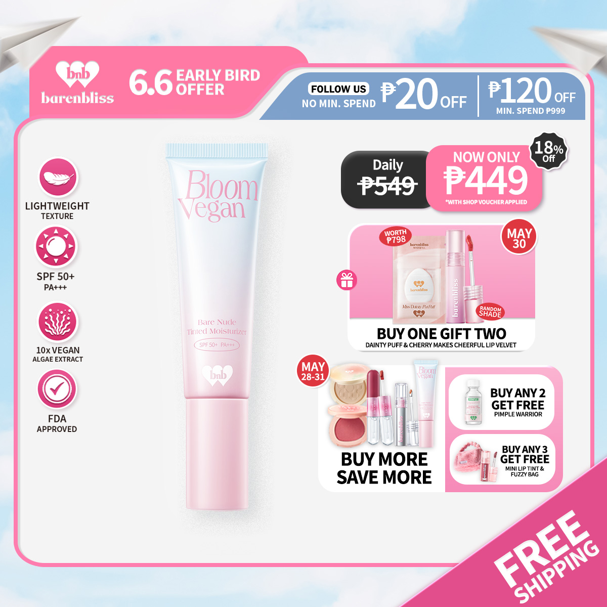 Discount on barenbliss  shoes - SKU: 【NEW】barenbliss BNB  Bloomvegan Bare Nude Tinted Moisturizer SPF50+ PA+++ | Foundation | Sunscreen |