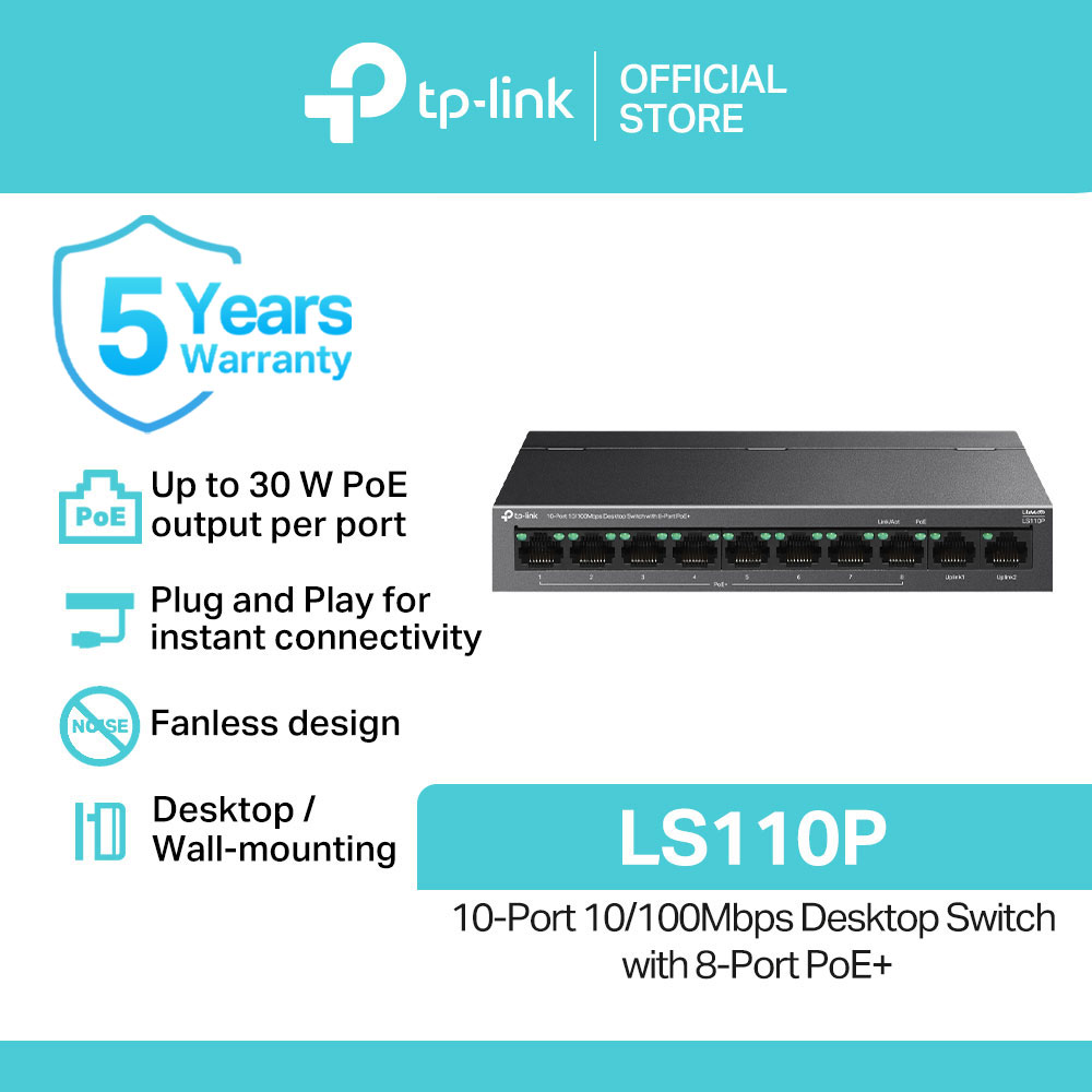 TP-Link Official Store / LS110P / 10-Port 10/100Mbps with 8-Port PoE+ Desktop Network Ethernet Switch Hub for Internet