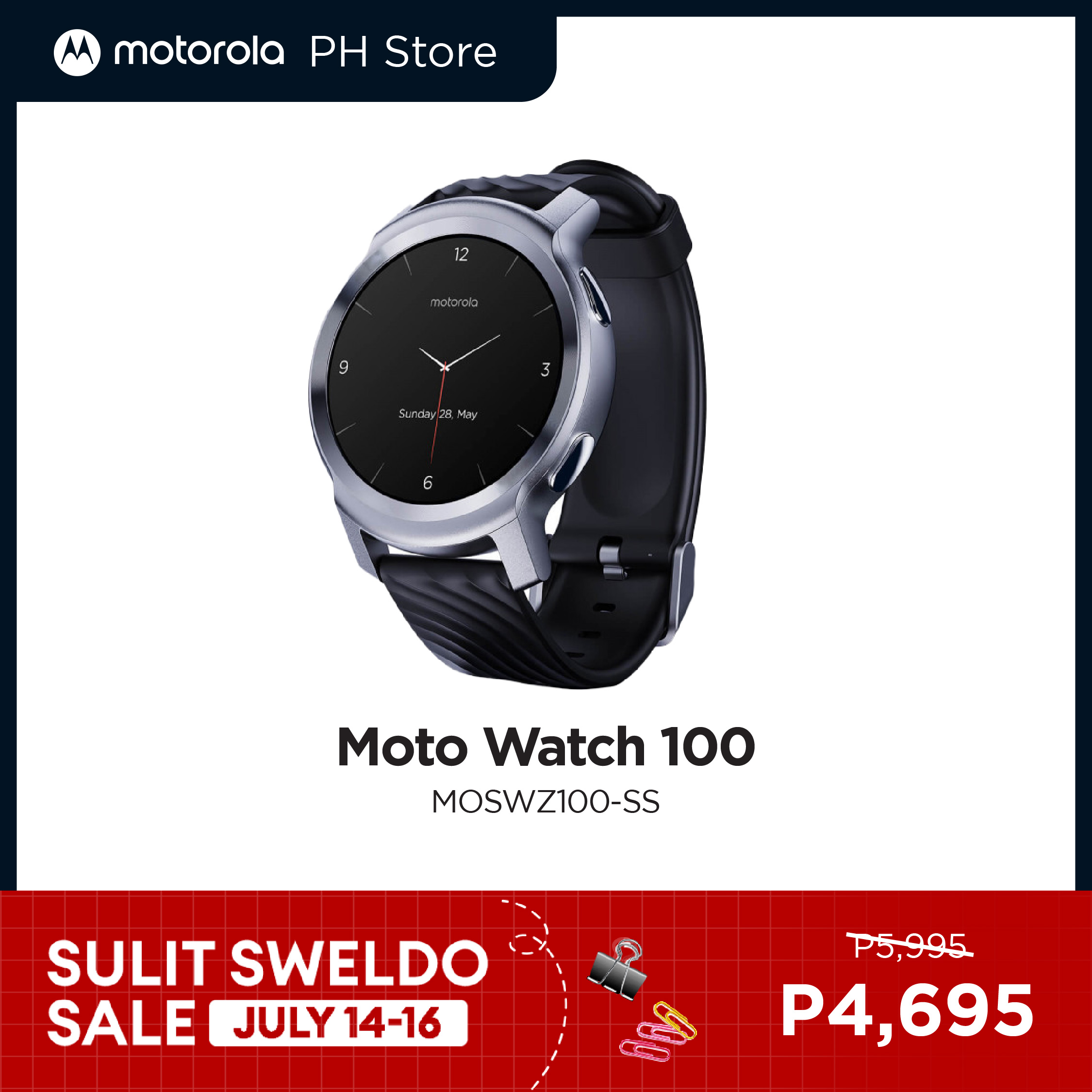 Motorola moto watch 100 MOSWZ100-SS Steel Silver / Aluminium / 42*46*11.9 mm / 32g / 1.3'LCD / Bluetooth 5.0, GPS / Android 5.0+ IOS 10.0+
