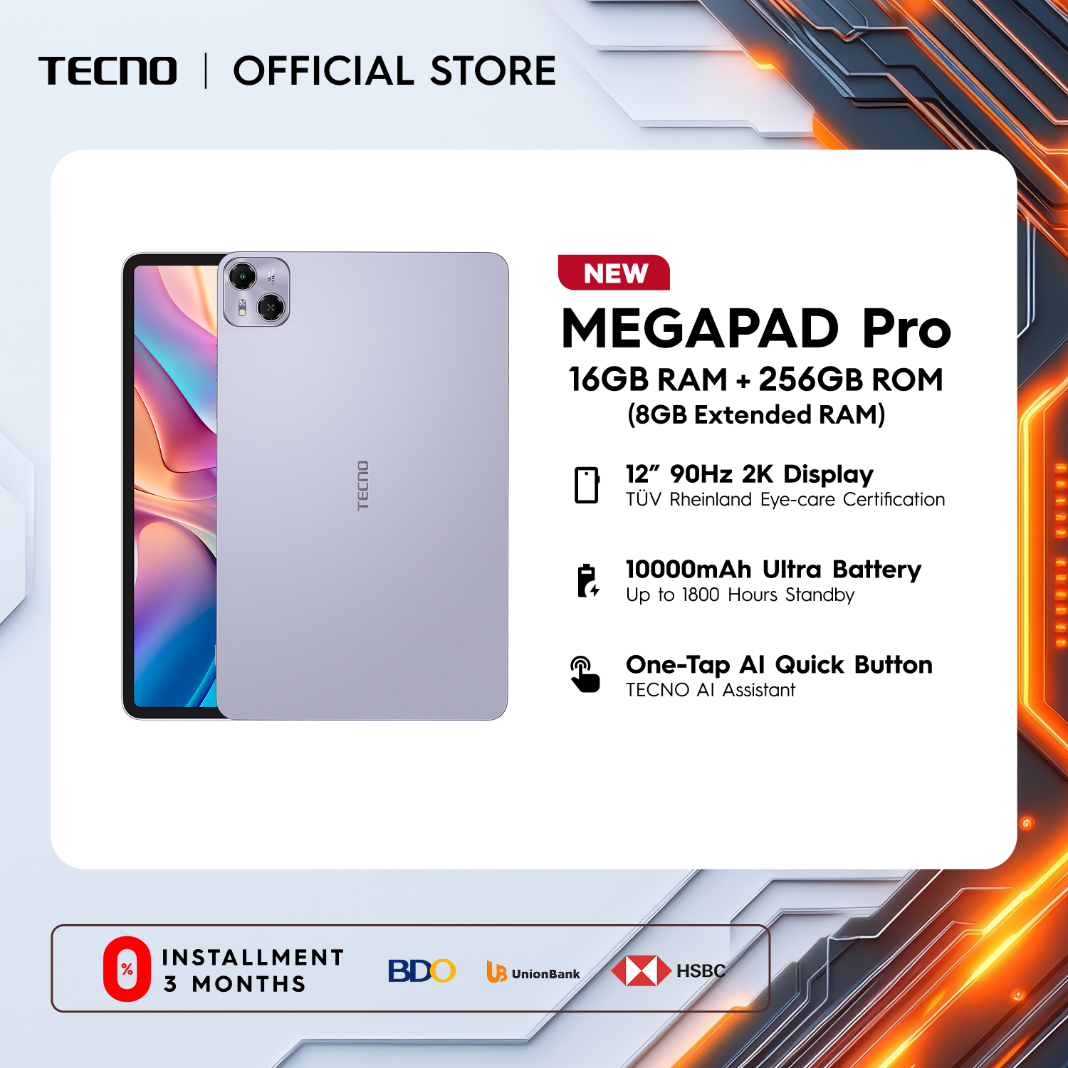 TECNO MEGAPAD Pro 8GB RAM with 256GB ROM 8GB Extended RAM 12inches Mega Display 90Hz Refresh Rate 10000mAh Presyo 13,999 Piso*Libreng Shipping