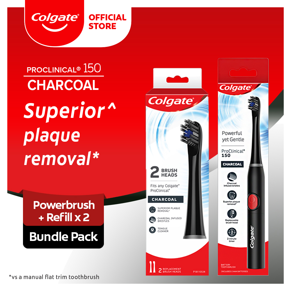 Lazada Philippines - Colgate ProClinical 150 Charcoal Battery Power Sonic Toothbrush with Soft Bristles + 2 Brush Heads Refill