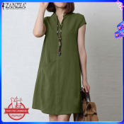 Zanzea Women Cap Sleeve Buttons V Neck Summer Casual Shirt Dress Plain Cozy Mini Dresses