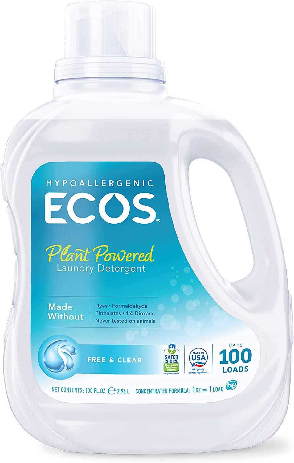 Ecos Plant Powered Laundry Detergent, Free & Clear, 100oz