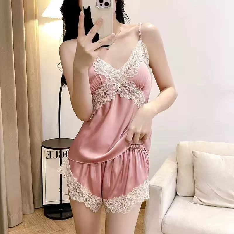 Pajamas Summer Women Thin Style Ice Silk Sexy Lace Suit Summer Pure Desire Style Suspender Shorts Two-Piece Suit with Chest Pad#8825 - Image 2