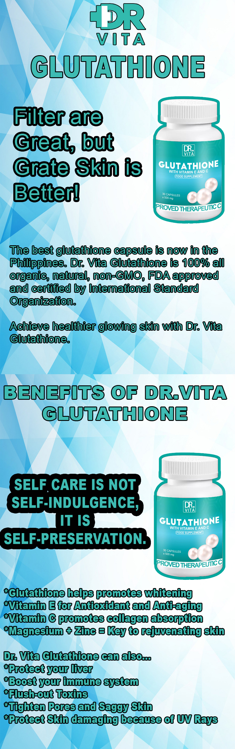 Safe And Effective Dr. Vita Glutathione Vitamin C + Vitamin E Kiwi Extract Anti Aging Skin Soft Gluta Elastin & Probiotics Anti Acne Pimples Skin Whitening Healthy Glowing Skin FDA Approved HALAL