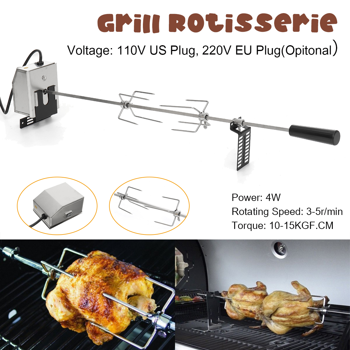 Stainless Steel Grill Rotisserie Kit Rod Charcoal BBQ Pig Chicken Motor Set US 
