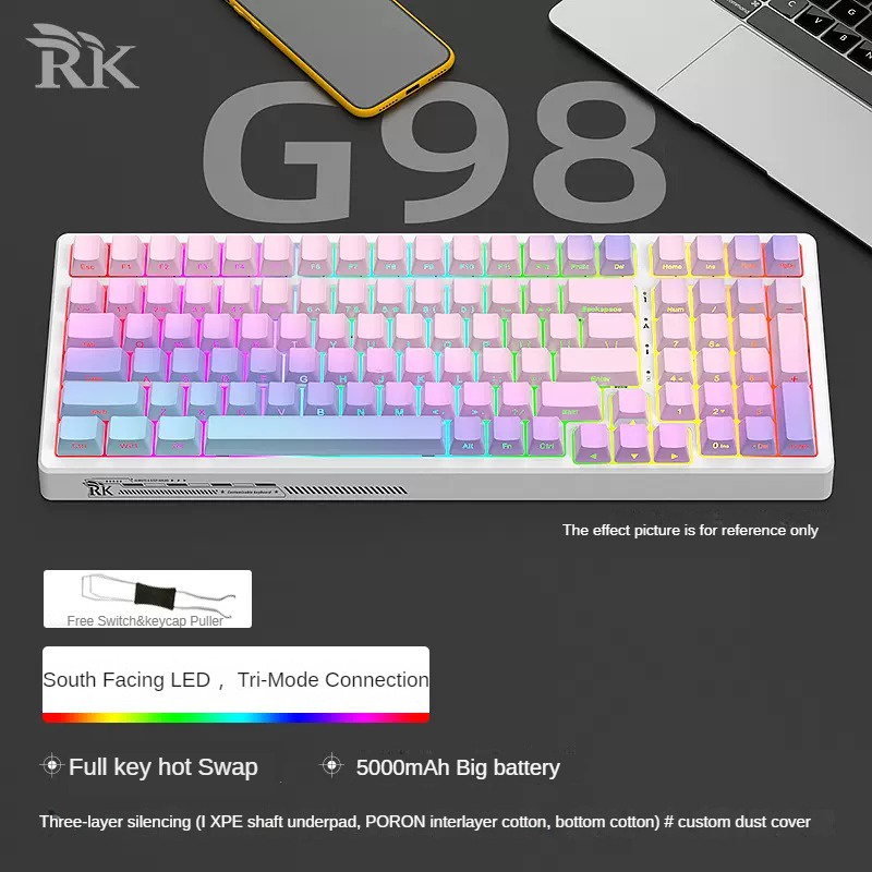 New Arrival! RK G98 Tri-Mode customized mechanical keyboard wireless 2.4G Bluetooth wired Poron foam hotswap south facing Led Rgb brown switch pink switch