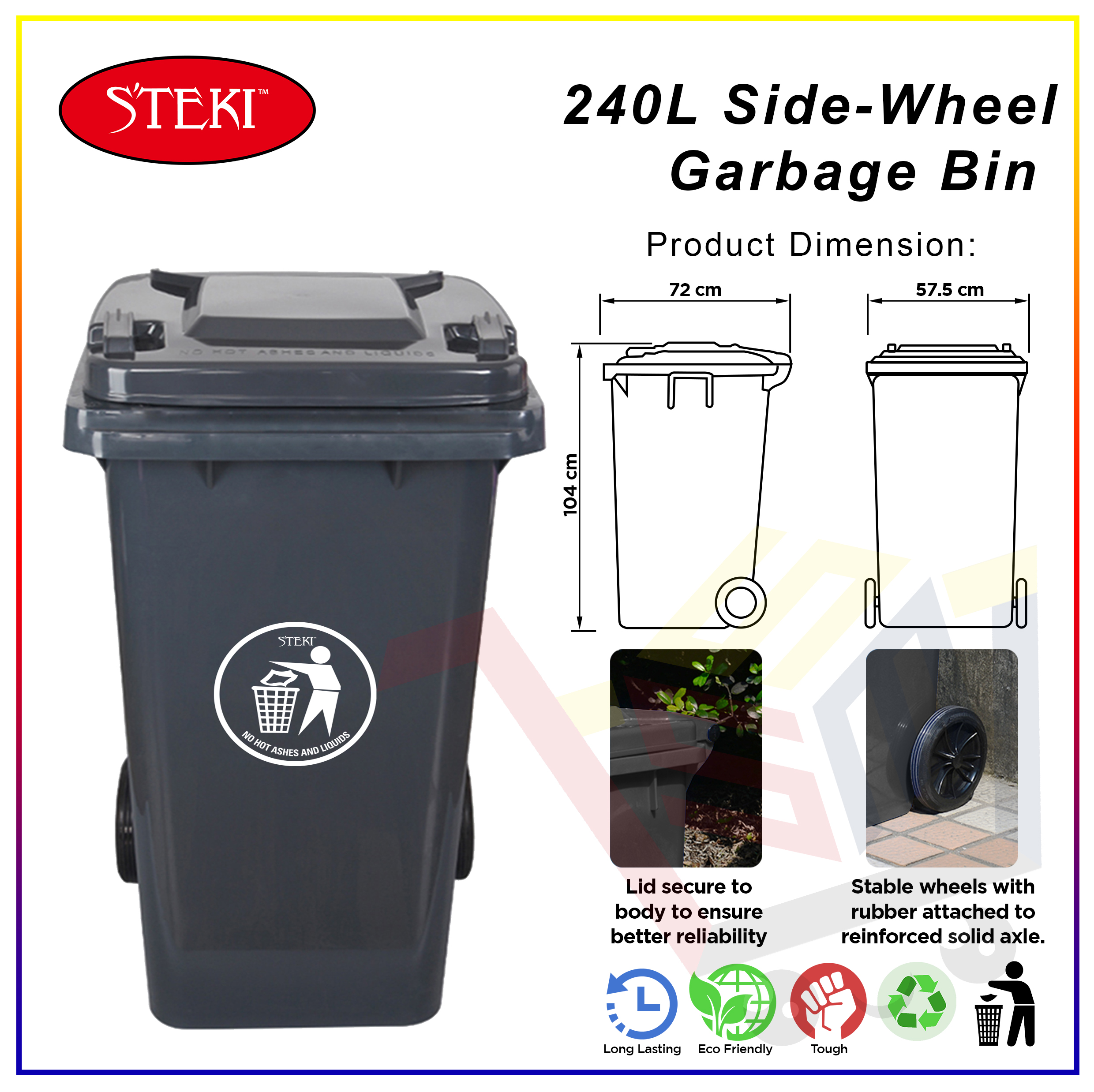 STEKI™ 240L Side-wheel Garbage Bin/Trash Bin/Waste Bin 240L