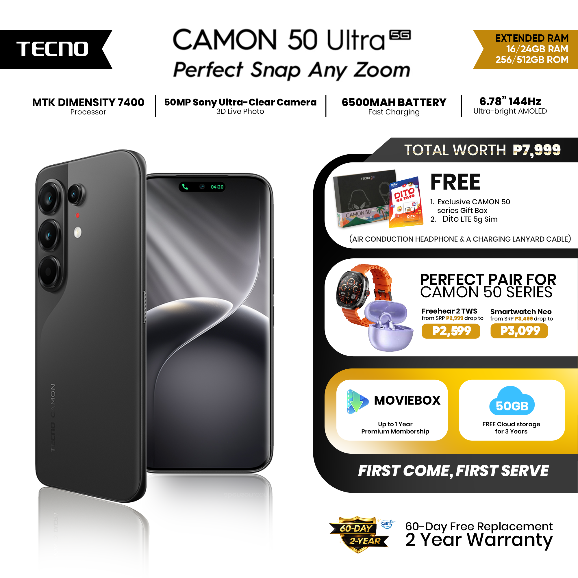 TECNO Camon 50 Ultra 5G (12+512GB / 12+256GB / 8+256GB) / 50MP Sony Camera / 6.78” 144Hz Curved AMOLED / Dimensity 7400 / 6500mAh 45W Fast Charge / AI Smartphone - Image 3