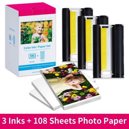 KP 108IN 3 Ink Cartridges and 108 Sheets Glossy Photo Paper 4"x6" Compatible for Canon Selphy CP1300 CP1200 CP910 CP900 CP760