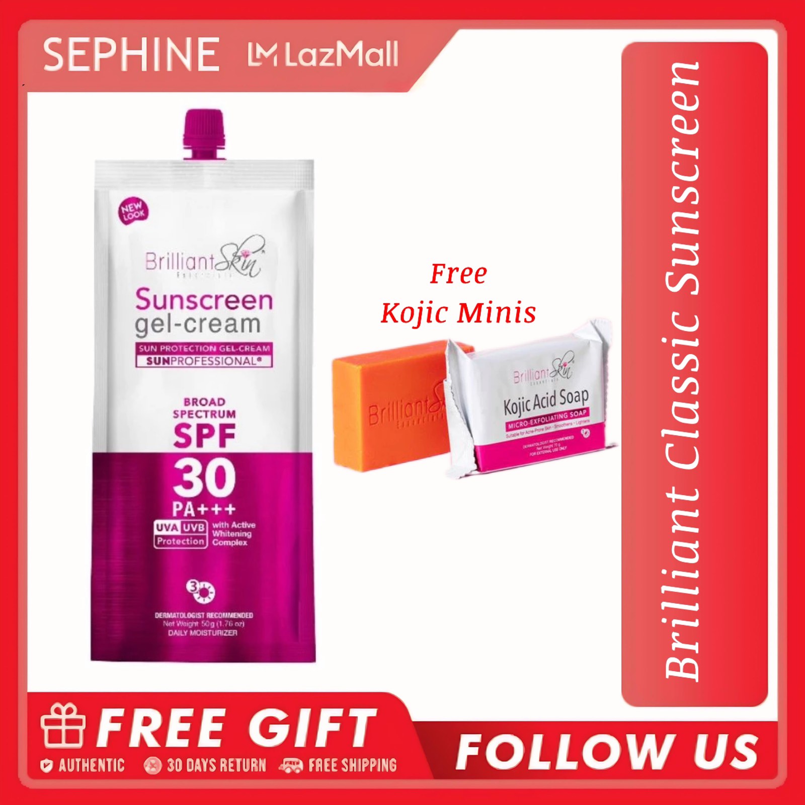 BRILLIANT SUNSCREEN CLASSIC 50G  + FREE BRILLIANT KOJIC SOAP