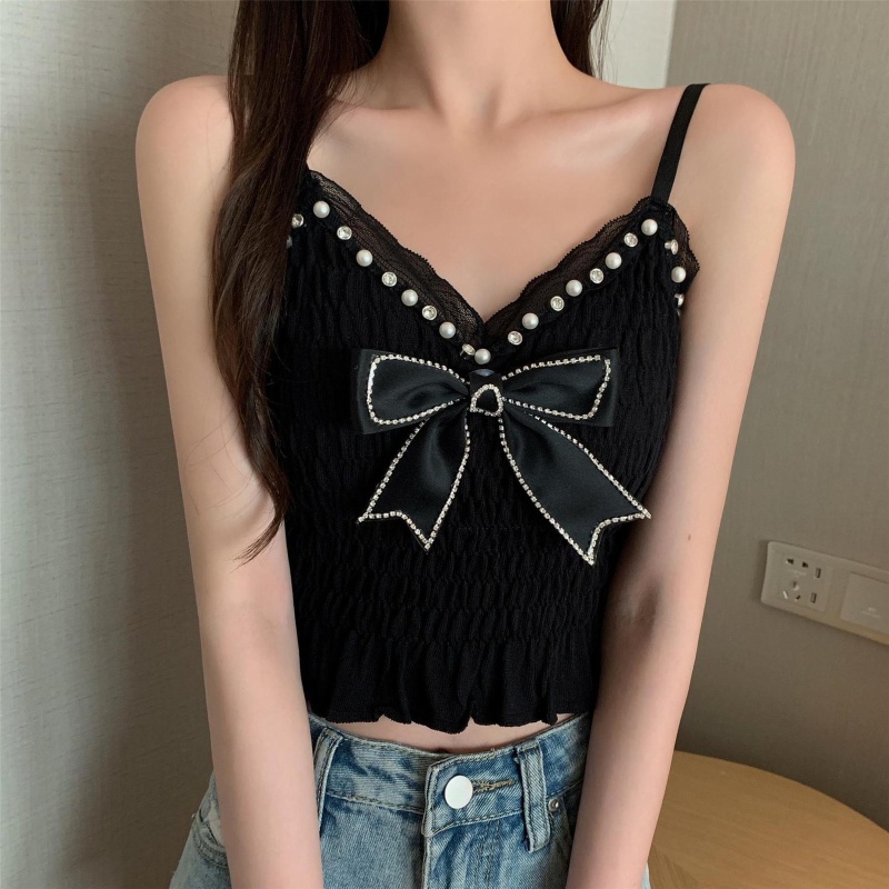 Diya FRENCH STYLE WOMEN BRALETTE CAMISOLE SWEET BOWKNOT PEARL BEADED PADDED  WIREFREE CROP TOP