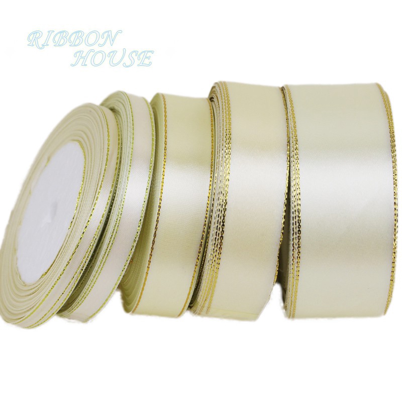 25 yards/lot) Cream White Gold Edge Ribbon high quality satin