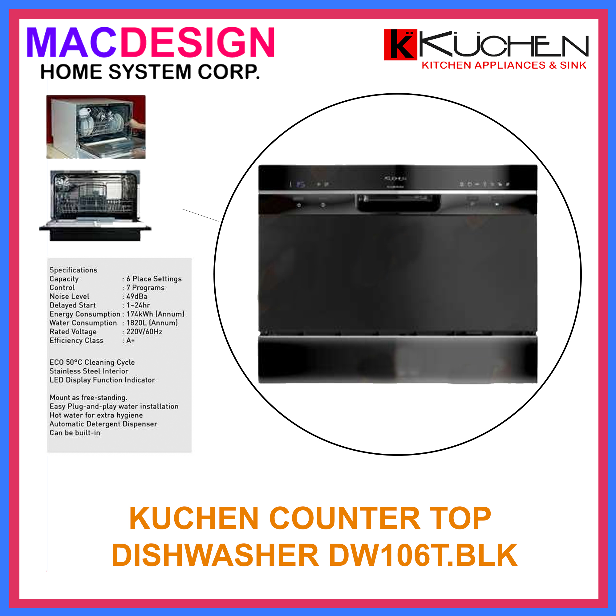 Kuchen DW106T Black Tabletop Dishwasher - Easy to Use