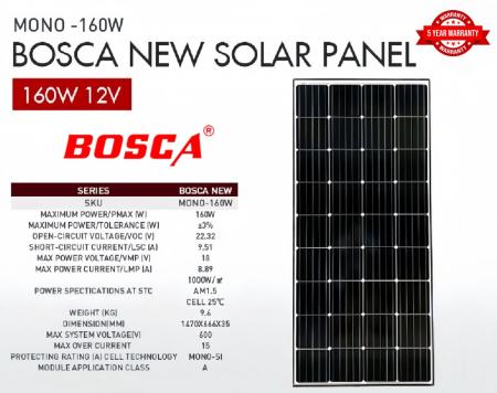 BOSCA 160W 12V Solar Panel - 5 Year Warranty