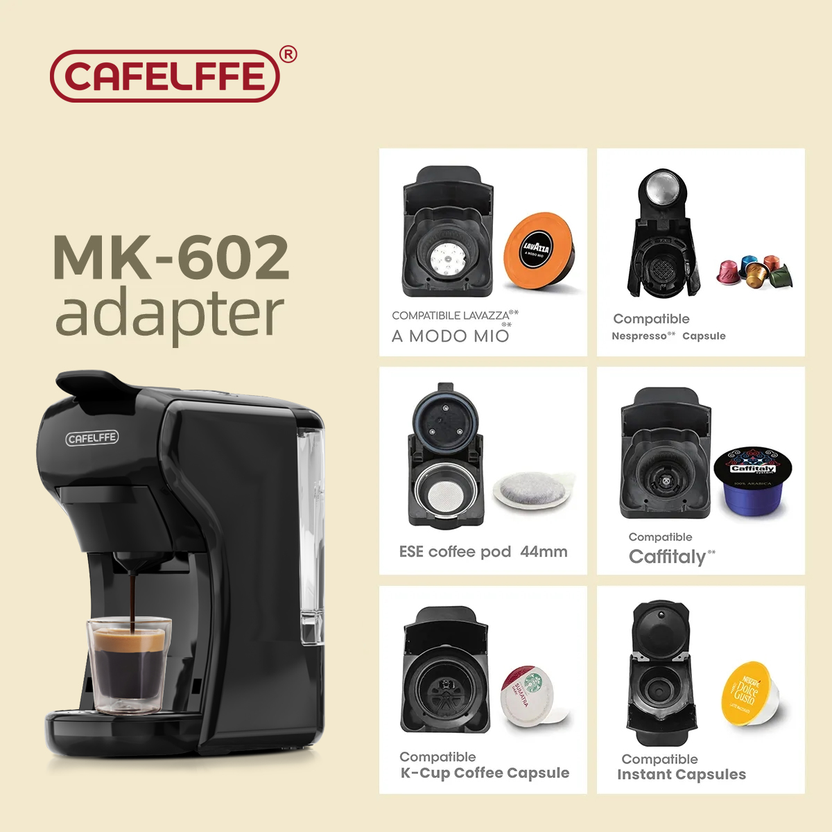 CAFELFFE Coffee Maker 4-in-1 Capsule Coffee Machine 19 Bar Fully Automatic  Small Size Household 0.6L Removable Water Tank Compatible with Universal  Coffee Capsules 1450W