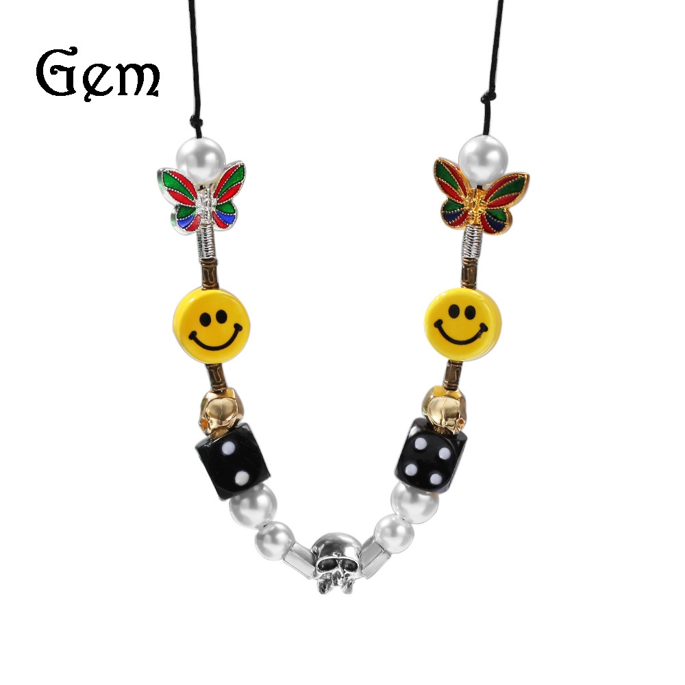 ROCKY Wu Yifan necklace hip-hop personality dice Pearl butterfly skull  smiley face necklace