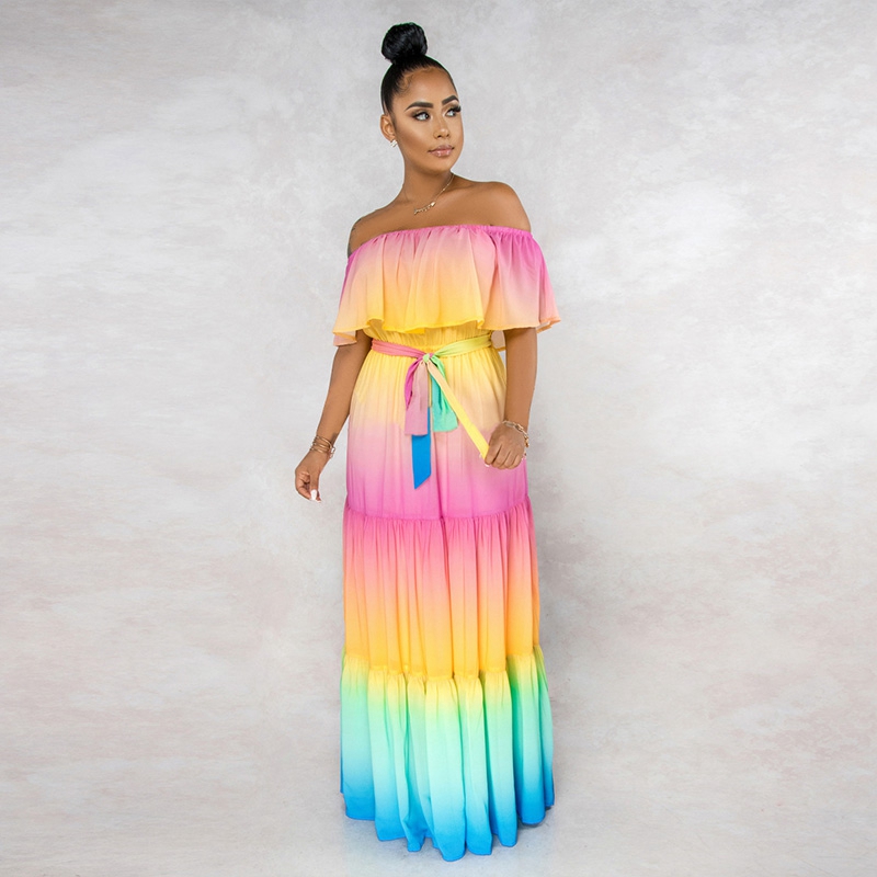 Rainbow Changing Color Maxi Party Dress with Belt Ruffle Off Shoulder Long  Summer Casual Dresses Women | Lazada PH