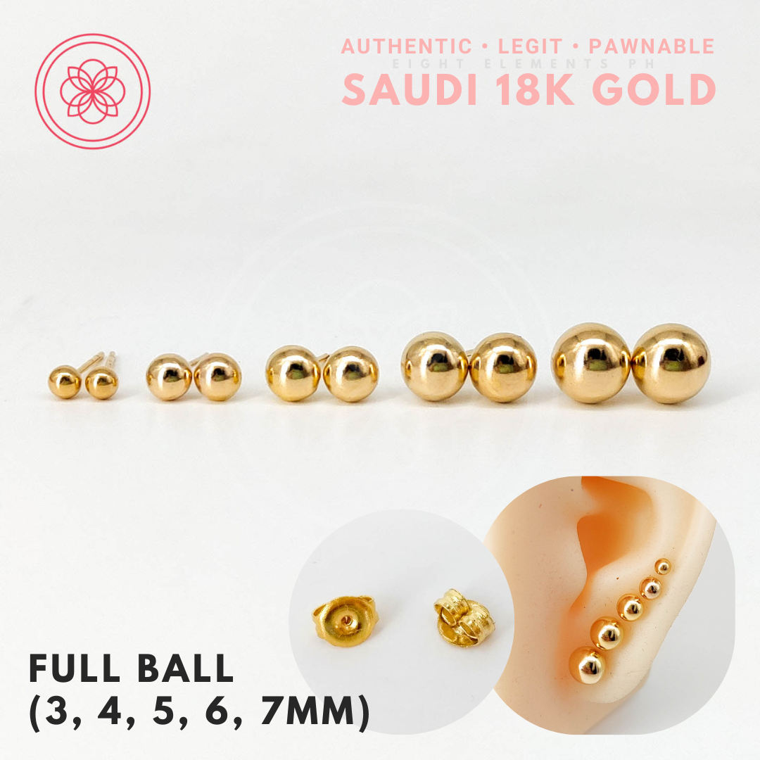 Saudi Gold Plain Full Ball Stud Earrings with Gold Pakaw