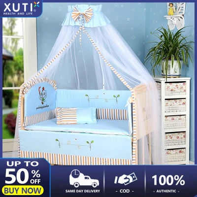 【With roller + mosquito net】Kuna Wooden Crib on sale wooden shelves bed chair crib for baby Rocker Crib with Mosquito Net and Diaper Changing Table Baby Crib Nursery Playpen Solid wood unpainted baby bed bb cradle bed (1)