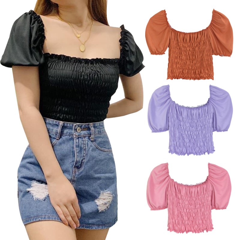 Kily Crop Top Smocked Puff Sleeve Top Casual Wear 6a0112