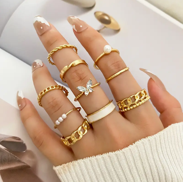 Butterfly Pearl Adjustable Ring Set for Women - 10 Pcs