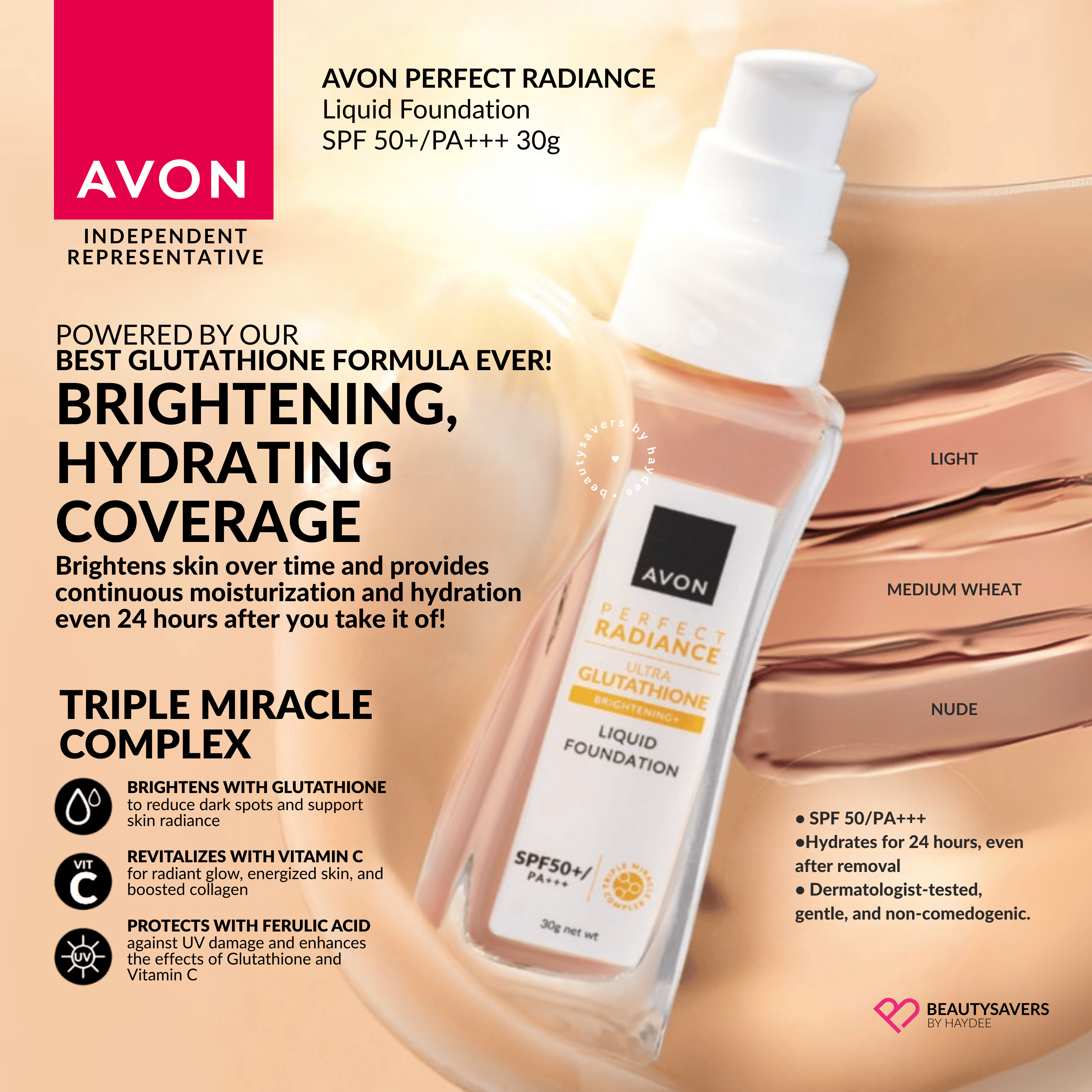 Avon Perfect Radiance Liquid Foundation SPF 50+/PA+++ 30g | Glutathione | Brightening | Hydrating | Coverage